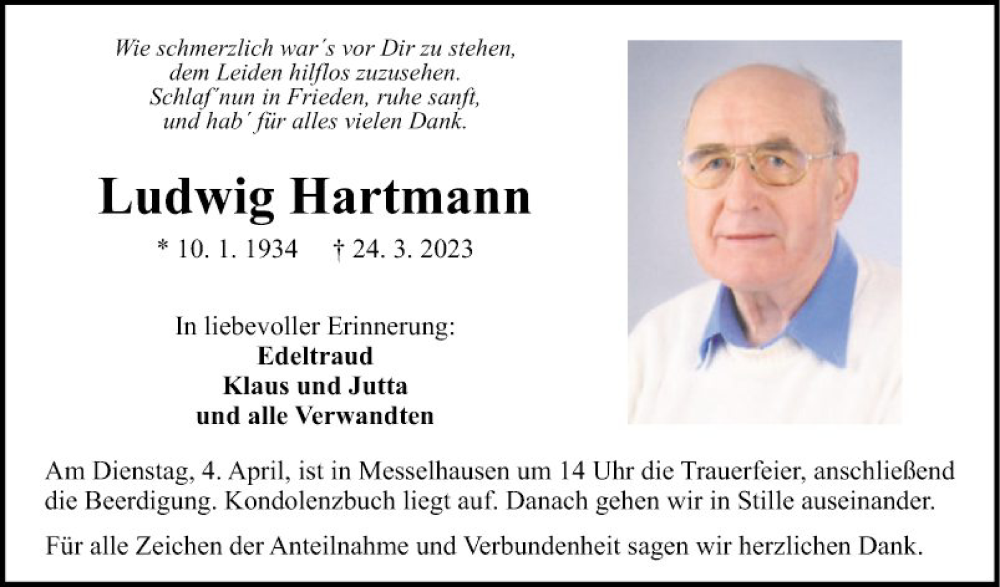 Traueranzeige für Ludwig Hartmann vom 31.03.2023 aus Fränkische Nachrichten