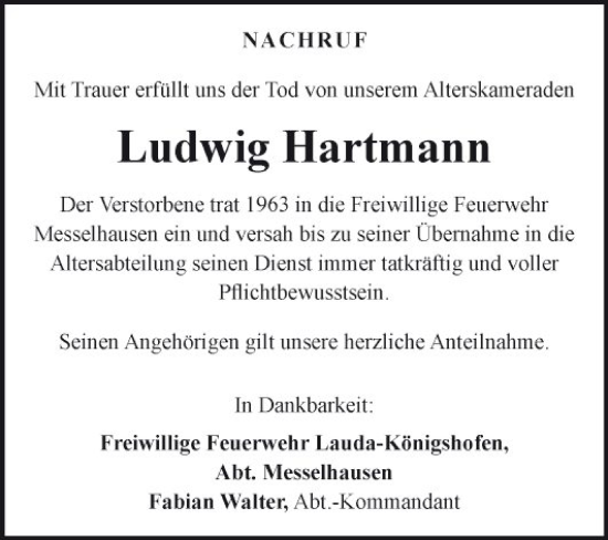 Traueranzeige von Ludwig Hartmann von Fränkische Nachrichten