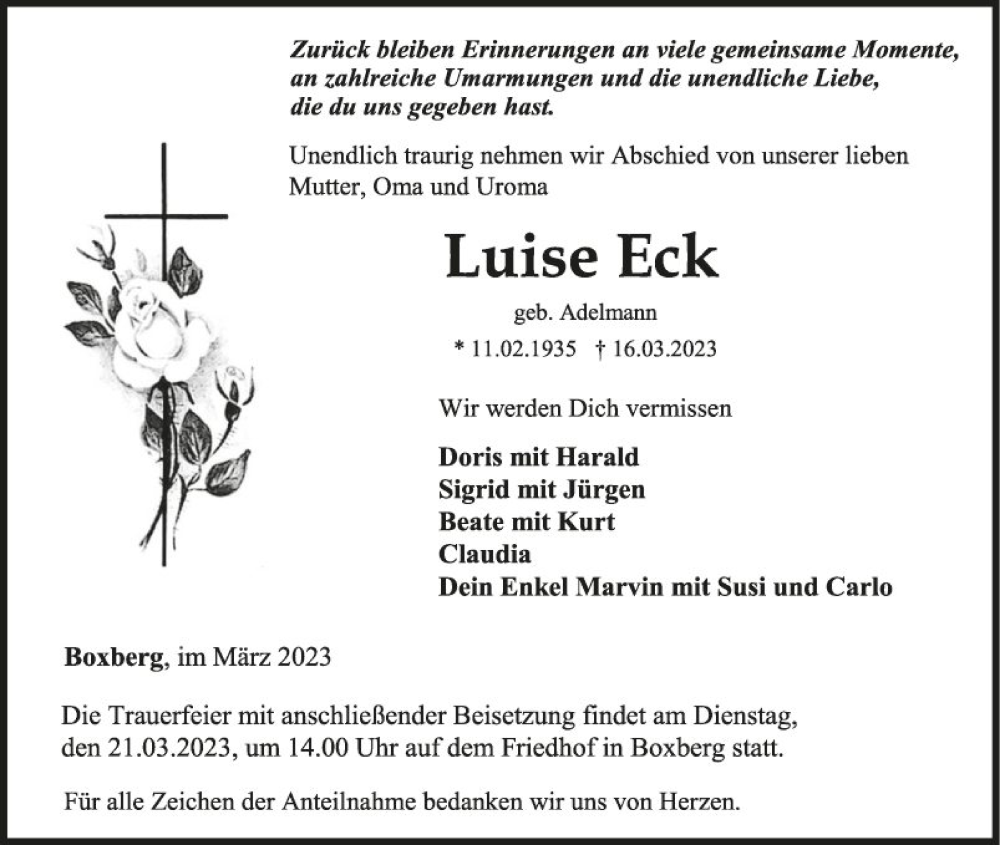 Traueranzeige für Luise Eck vom 18.03.2023 aus Fränkische Nachrichten