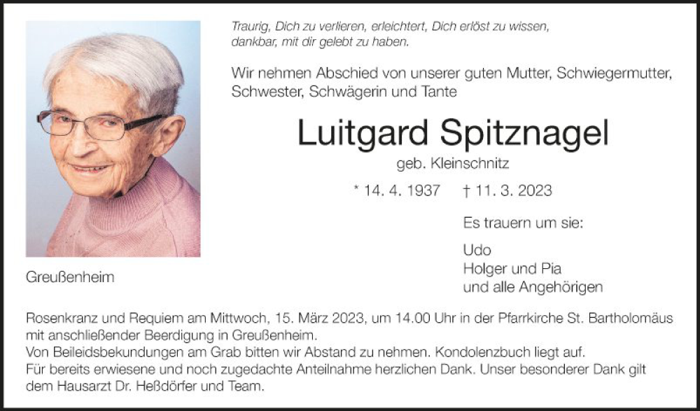  Traueranzeige für Luitgard Spitznagel vom 14.03.2023 aus Fränkische Nachrichten