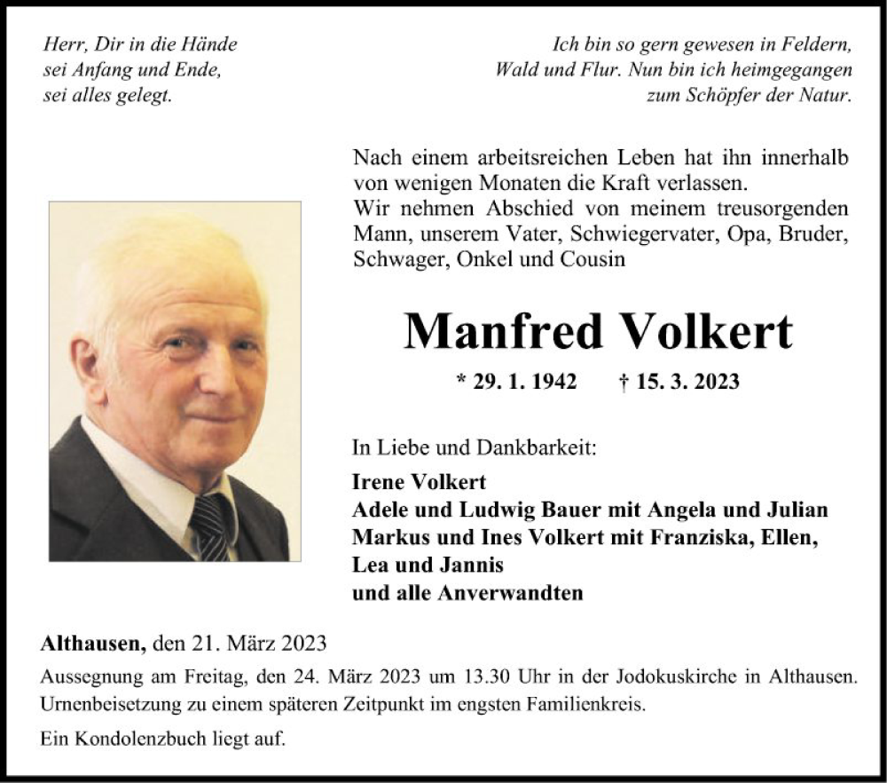  Traueranzeige für Manfred Volkert vom 21.03.2023 aus Fränkische Nachrichten
