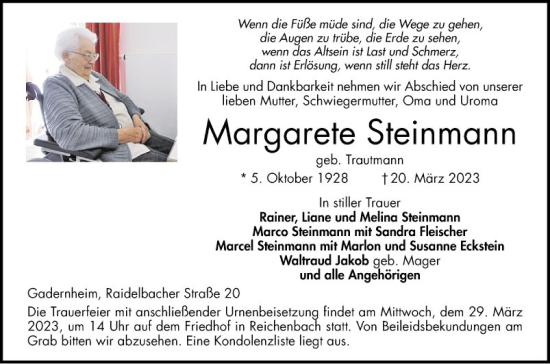 Traueranzeige von Margarete Steinmann von Bergsträßer Anzeiger