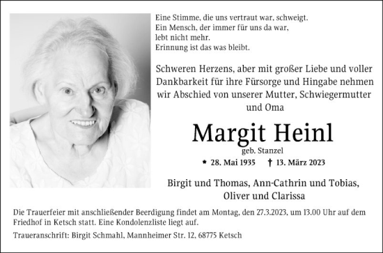 Traueranzeige von Margit Heini von Schwetzinger Zeitung