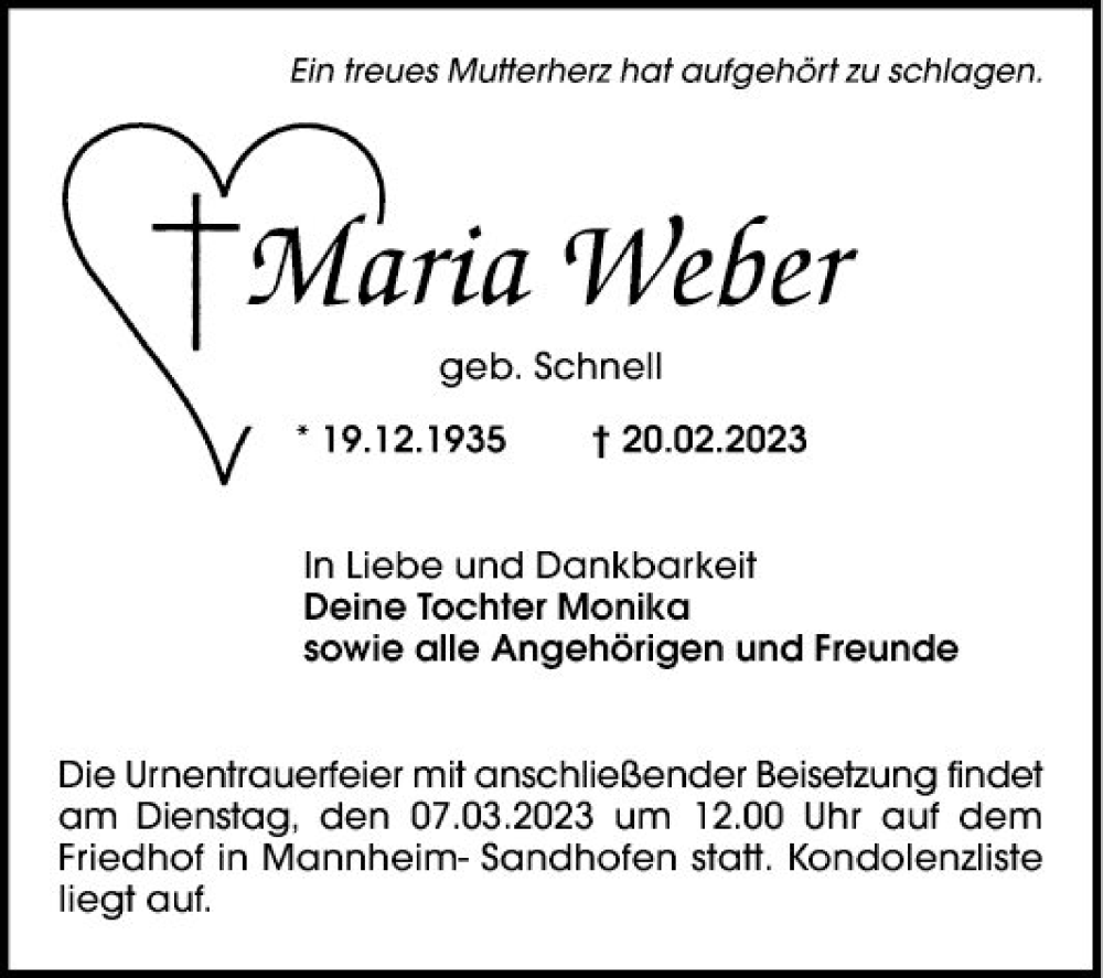  Traueranzeige für Maria Weber vom 04.03.2023 aus Mannheimer Morgen