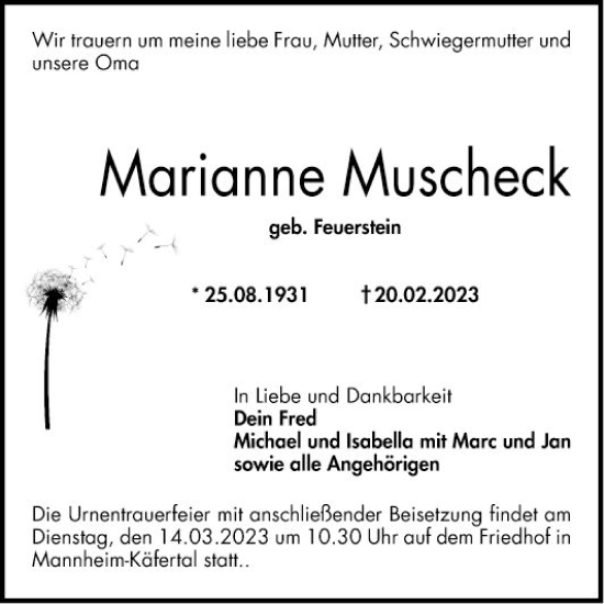 Traueranzeige von Marianne Muscheck von Mannheimer Morgen