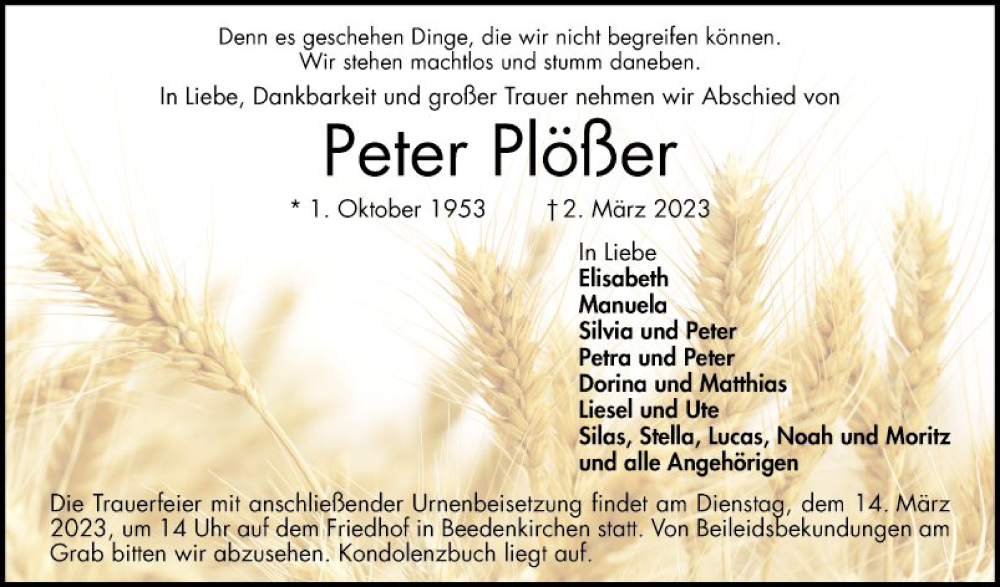  Traueranzeige für Peter Plößer vom 11.03.2023 aus Bergsträßer Anzeiger