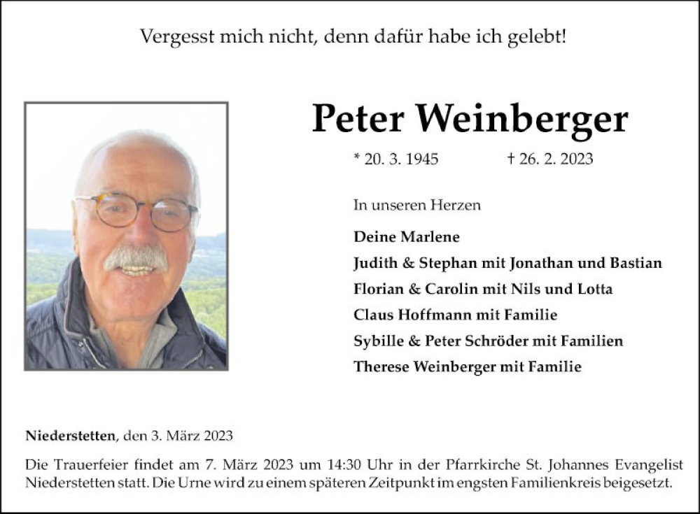  Traueranzeige für Peter Weinberger vom 03.03.2023 aus Fränkische Nachrichten