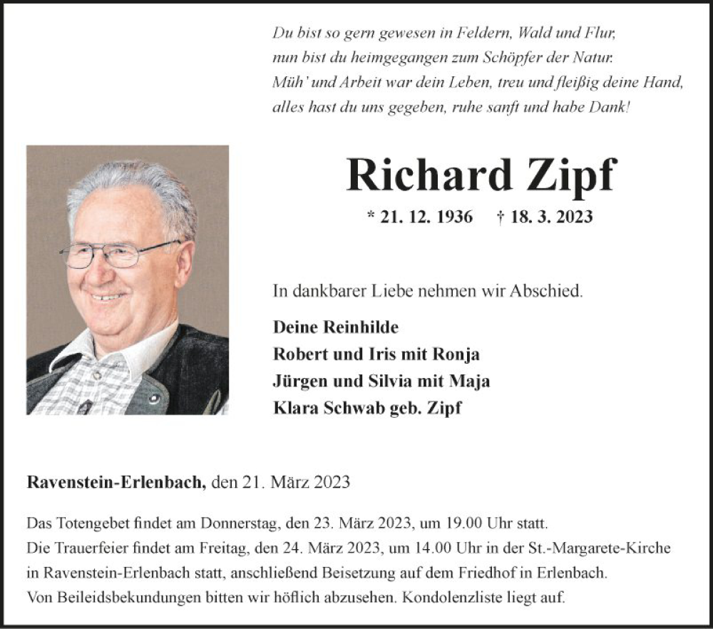  Traueranzeige für Richard Zipf vom 21.03.2023 aus Fränkische Nachrichten