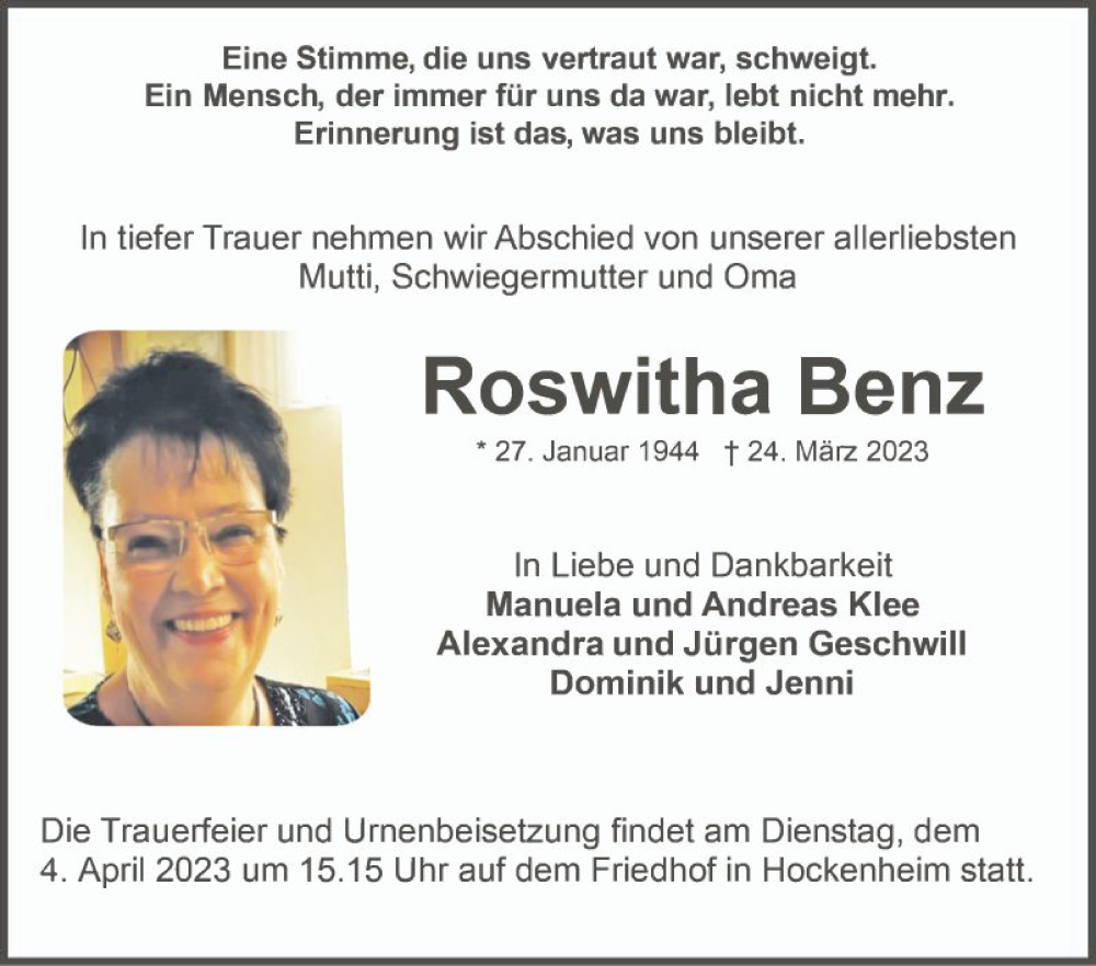  Traueranzeige für Roswitha Benz vom 31.03.2023 aus Schwetzinger Zeitung