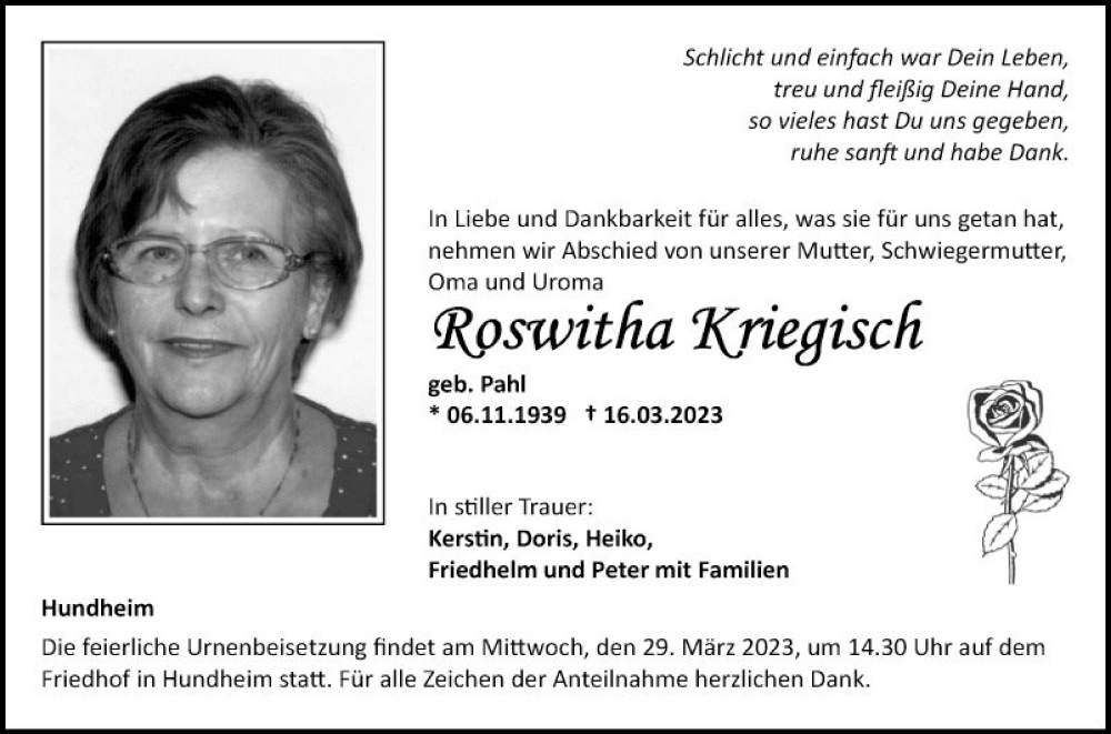  Traueranzeige für Roswitha Kriegisch vom 25.03.2023 aus Fränkische Nachrichten