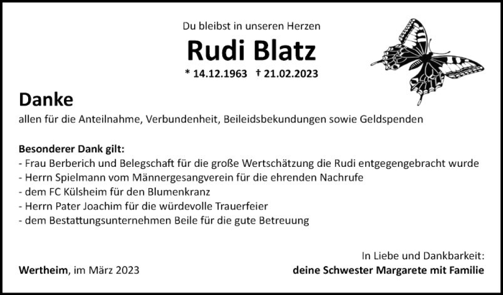  Traueranzeige für Rudi Blatz vom 11.03.2023 aus Fränkische Nachrichten