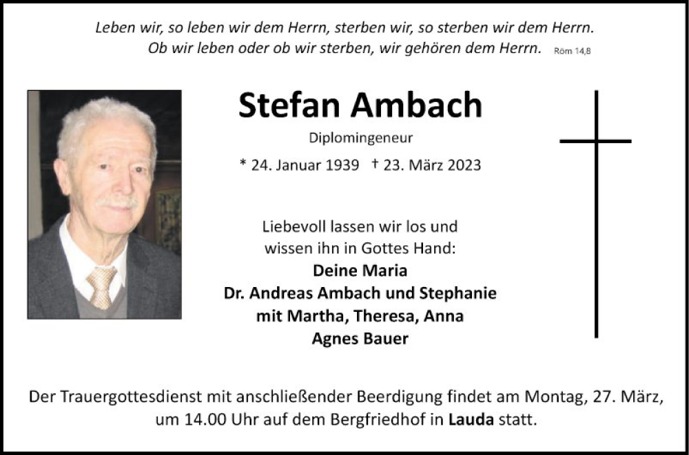  Traueranzeige für Stefan Ambach vom 25.03.2023 aus Fränkische Nachrichten