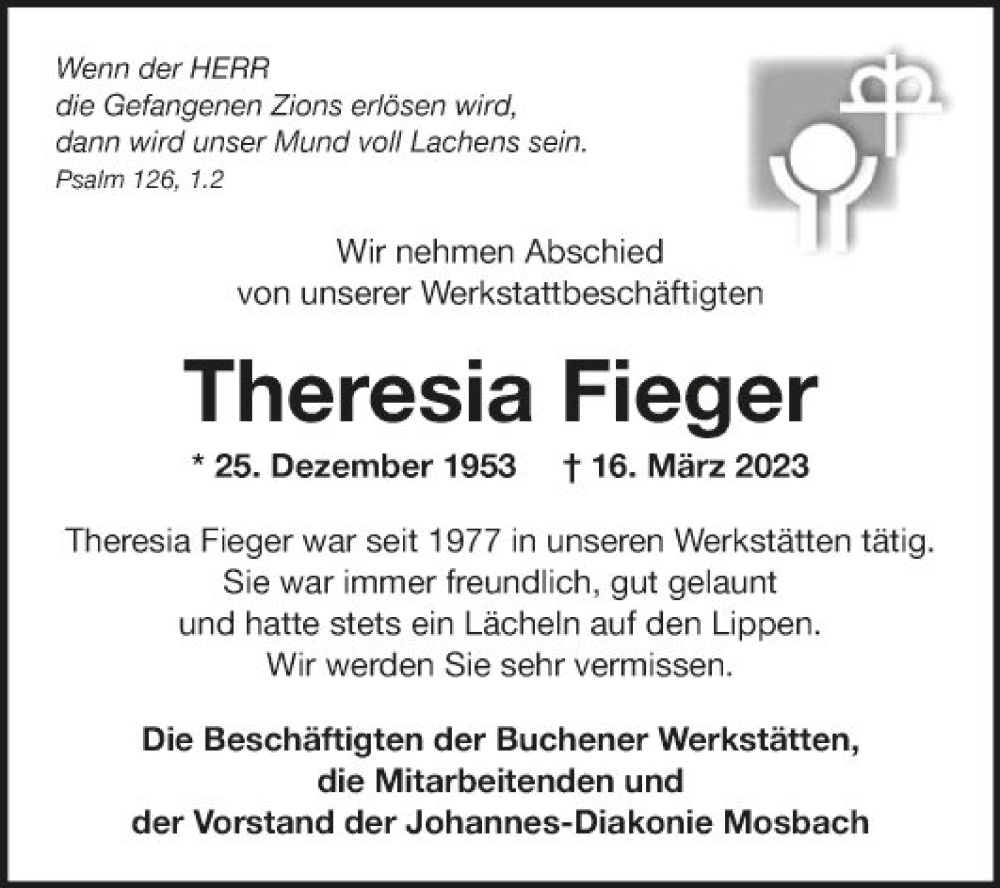  Traueranzeige für Theresia Fieger vom 23.03.2023 aus Fränkische Nachrichten