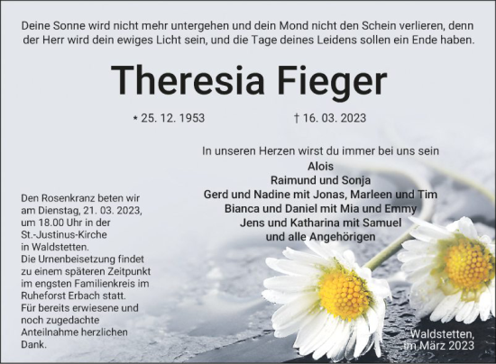 Traueranzeige von Theresia Fieger von Fränkische Nachrichten