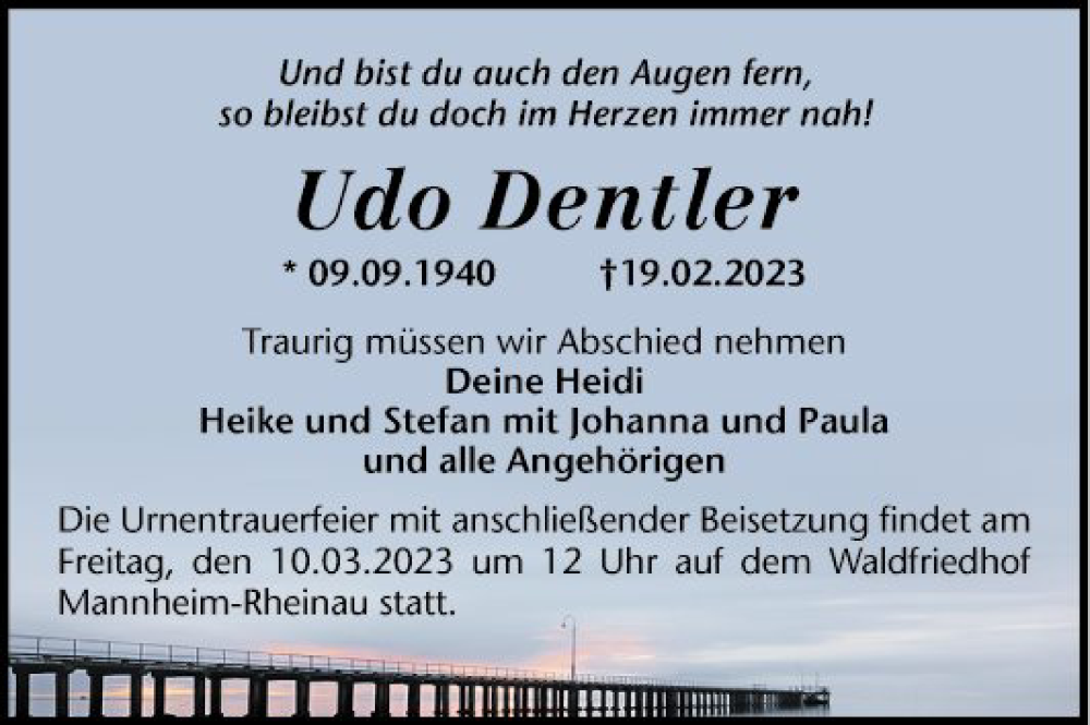  Traueranzeige für Udo Dentler vom 04.03.2023 aus Mannheimer Morgen