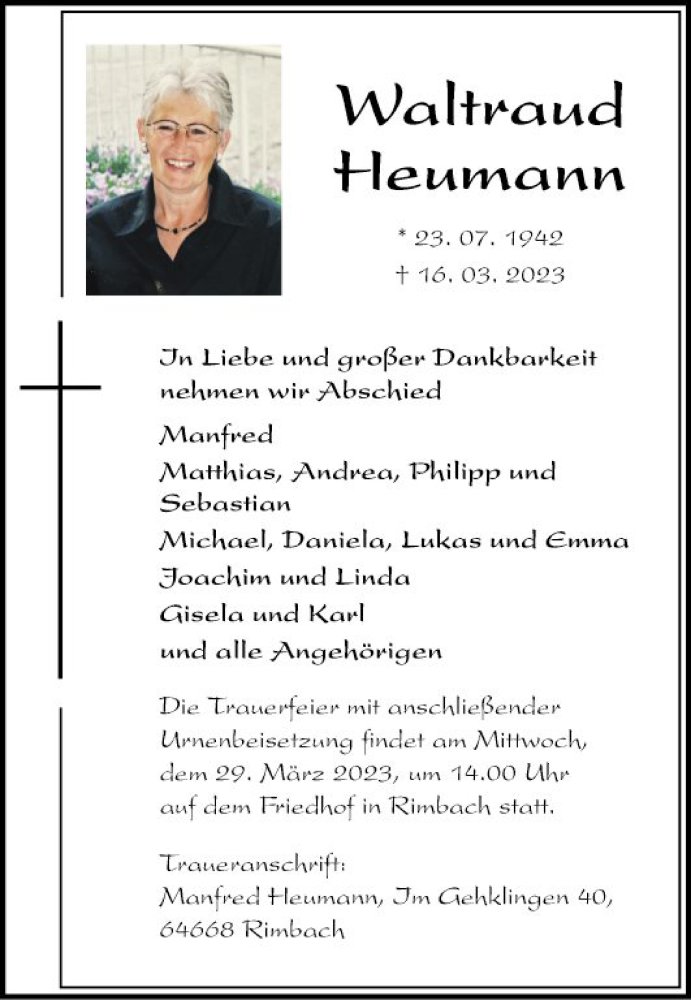  Traueranzeige für Waltraud Heumann vom 22.03.2023 aus Mannheimer Morgen