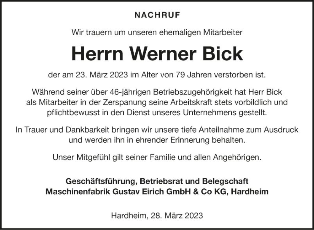  Traueranzeige für Werner Bick vom 28.03.2023 aus Fränkische Nachrichten