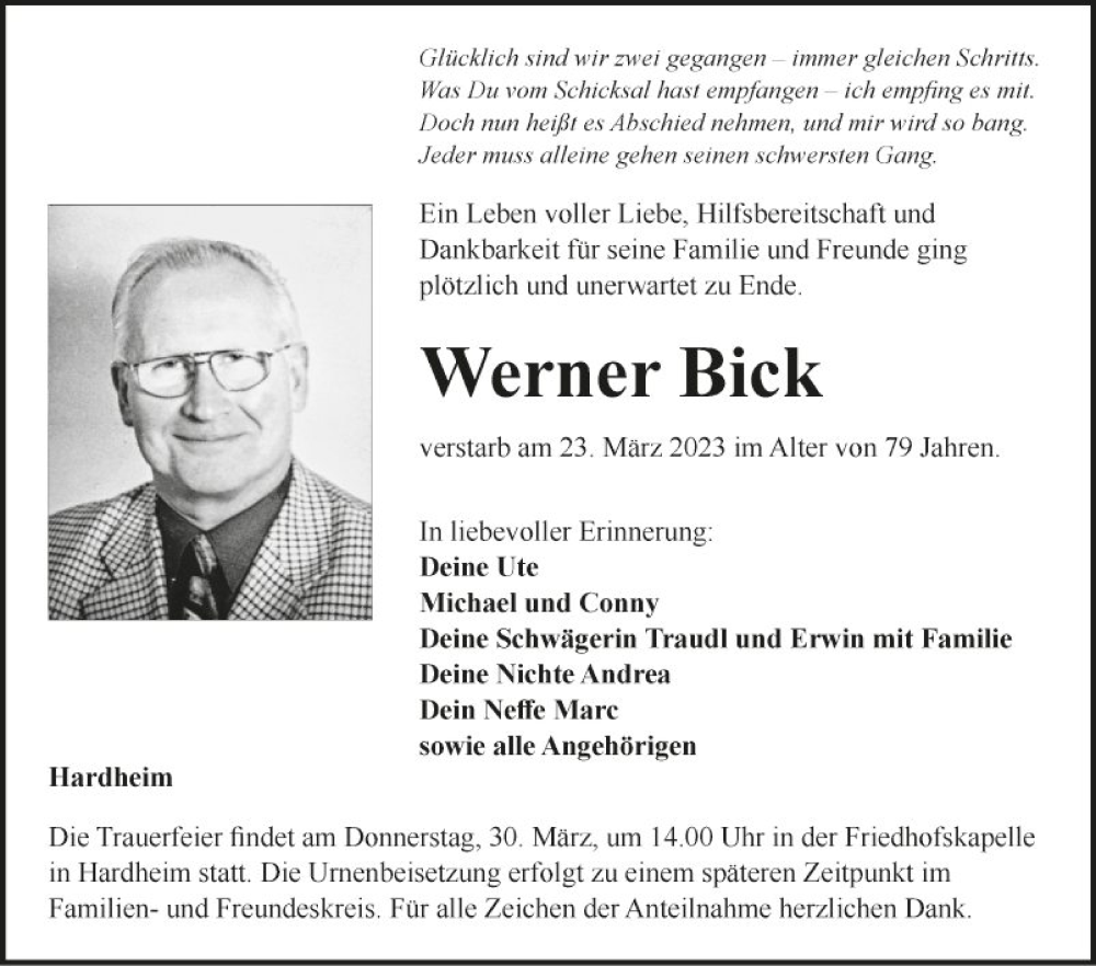  Traueranzeige für Werner Bick vom 27.03.2023 aus Fränkische Nachrichten