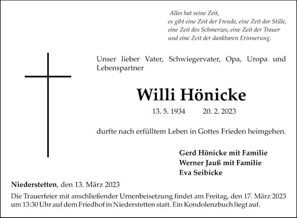  Traueranzeige für Willi Hönicke vom 13.03.2023 aus Fränkische Nachrichten