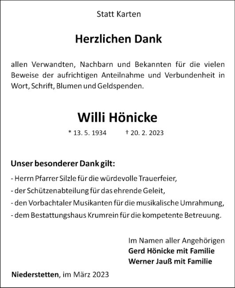  Traueranzeige für Willi Hönicke vom 28.03.2023 aus Fränkische Nachrichten