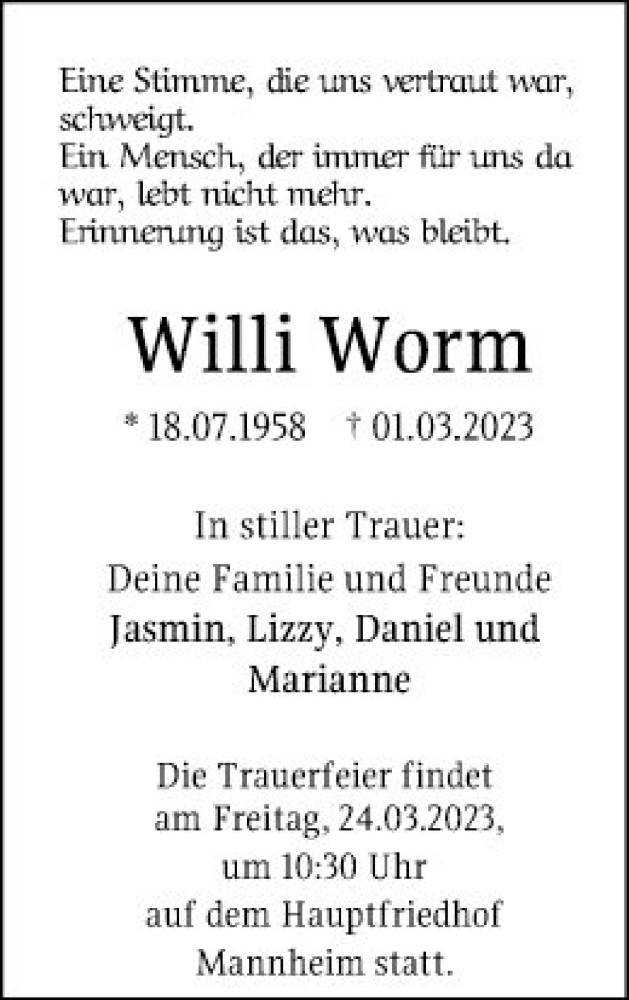  Traueranzeige für Willi Worm vom 20.03.2023 aus Mannheimer Morgen