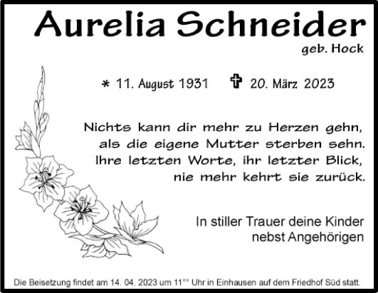 Traueranzeige von Aurelia Schneider von Bergsträßer Anzeiger