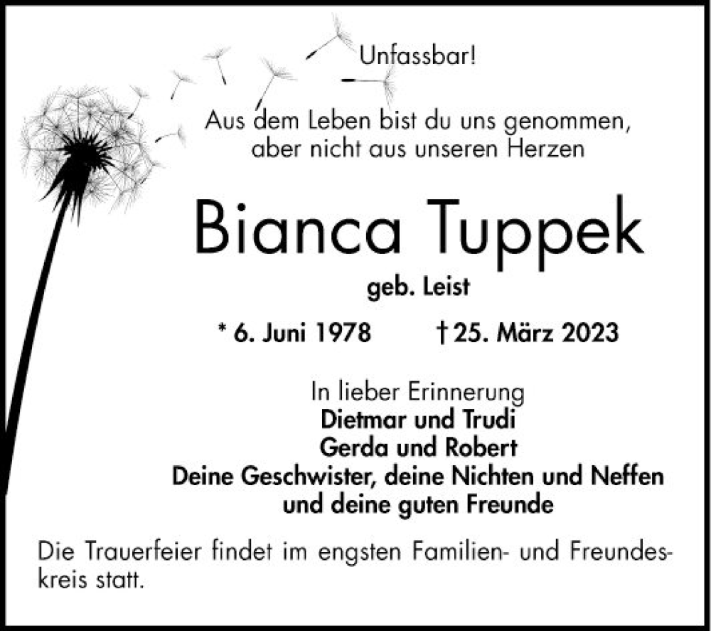  Traueranzeige für Bianca Tuppek vom 06.04.2023 aus Bergsträßer Anzeiger