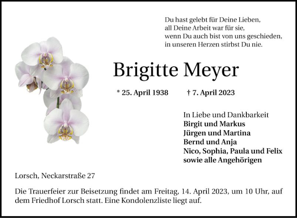  Traueranzeige für Brigitte Meyer vom 12.04.2023 aus Bergsträßer Anzeiger