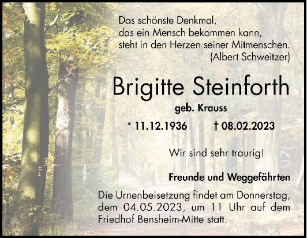  Traueranzeige für Brigitte Steinforth vom 29.04.2023 aus Bergsträßer Anzeiger