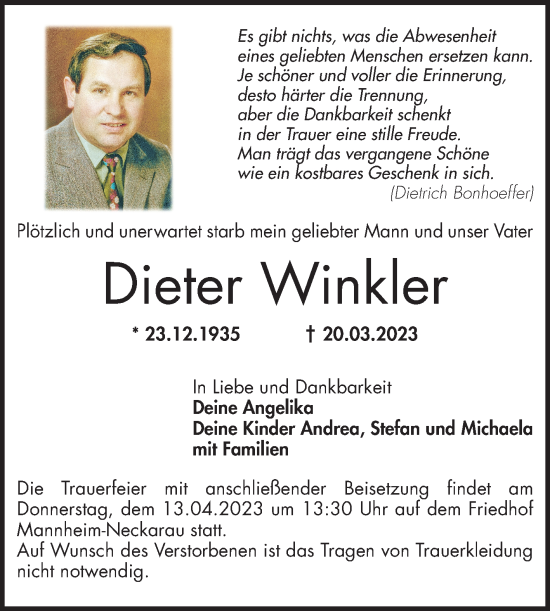 Traueranzeige von Dieter Winkler von Mannheimer Morgen