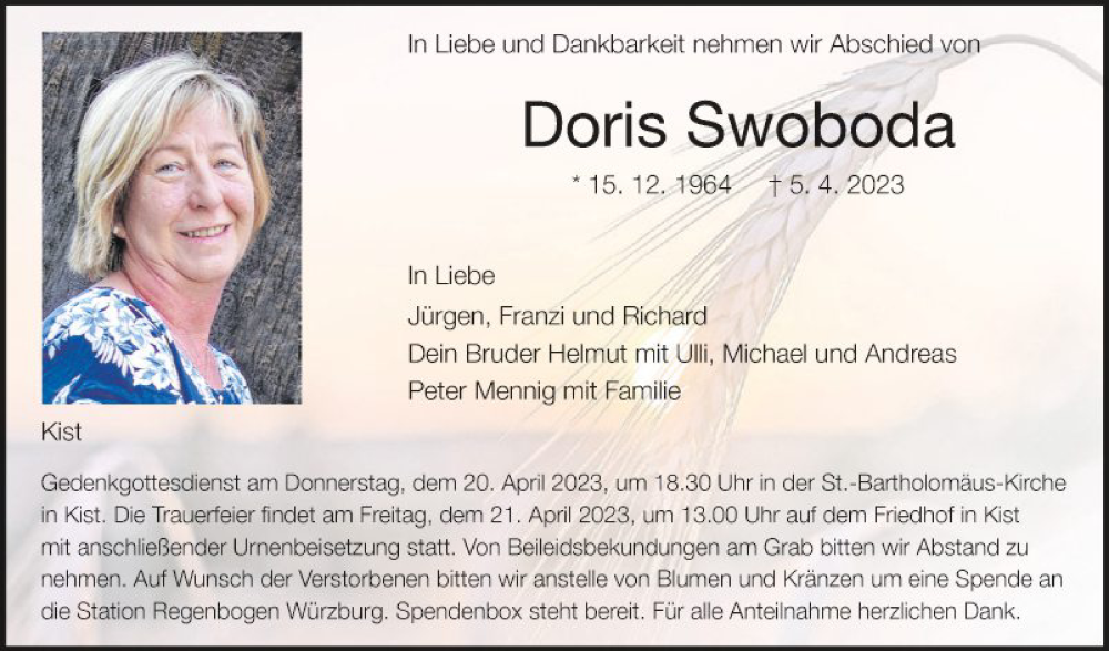  Traueranzeige für Doris Swoboda vom 15.04.2023 aus Fränkische Nachrichten