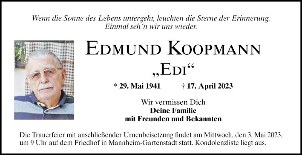  Traueranzeige für Edmund Koopmann vom 29.04.2023 aus Mannheimer Morgen