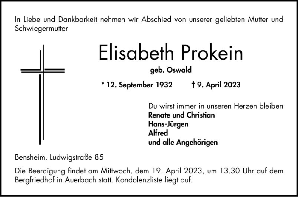  Traueranzeige für Elisabeth Prokein vom 15.04.2023 aus Bergsträßer Anzeiger