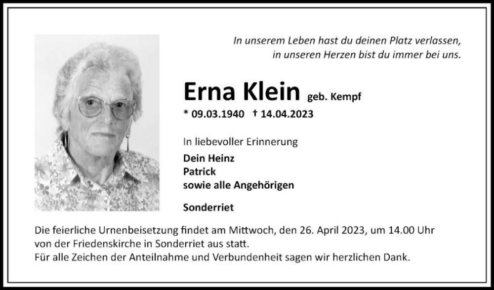  Traueranzeige für Erna Klein vom 22.04.2023 aus Fränkische Nachrichten