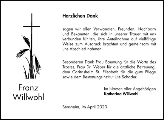 Traueranzeige von Franz Willwohl von Bergsträßer Anzeiger