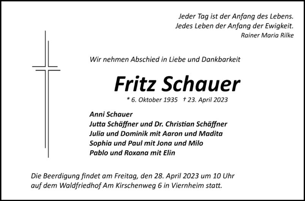  Traueranzeige für Fritz Schauer vom 26.04.2023 aus Mannheimer Morgen