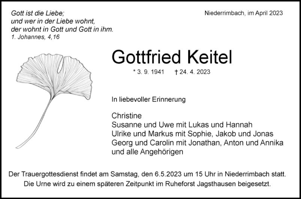  Traueranzeige für Gottfried Keitel vom 29.04.2023 aus Fränkische Nachrichten