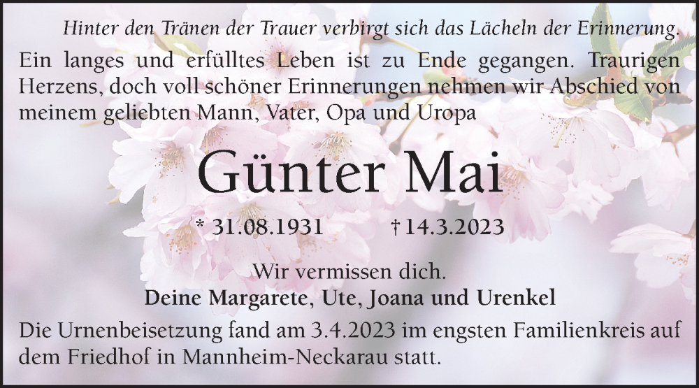  Traueranzeige für Günter Mai vom 08.04.2023 aus Mannheimer Morgen