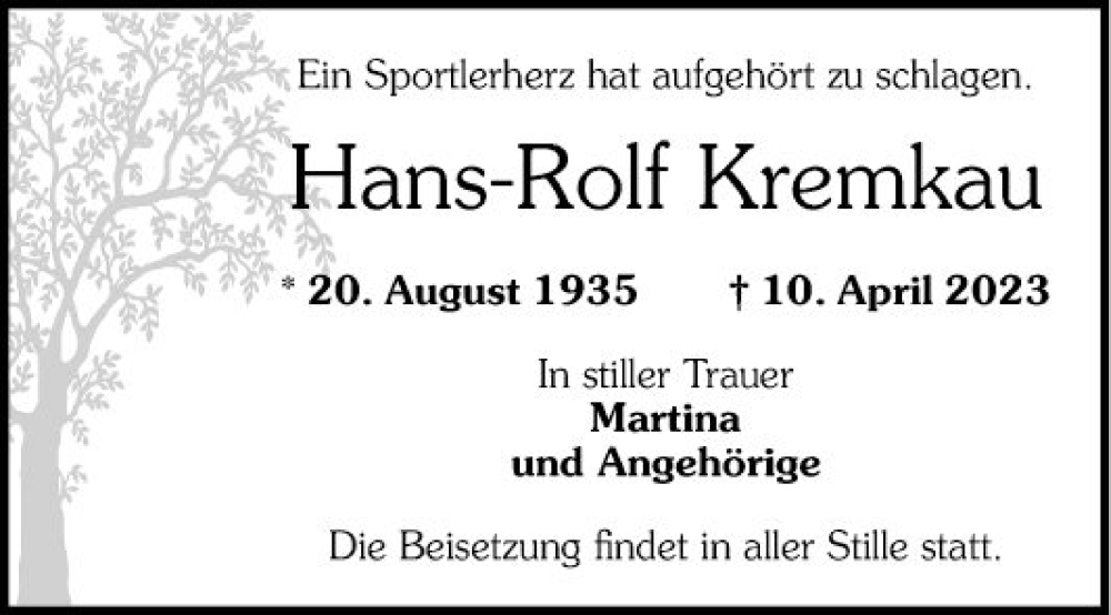 Traueranzeige für Hans-Rolf Kremkau vom 15.04.2023 aus Mannheimer Morgen