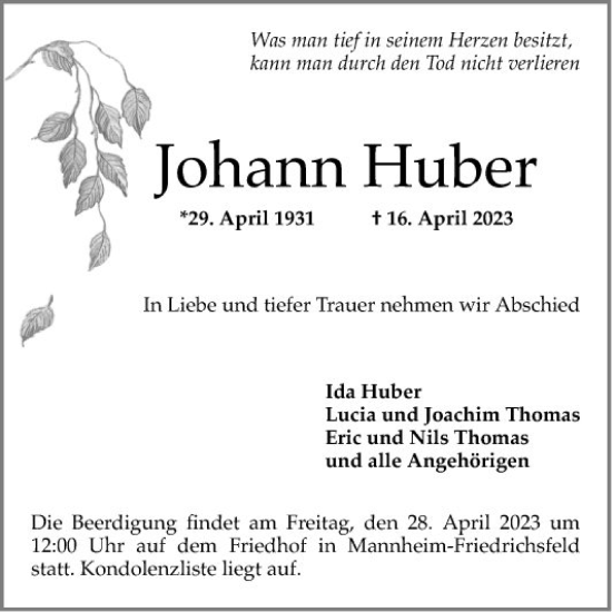 Traueranzeige von Johann Huber von Mannheimer Morgen