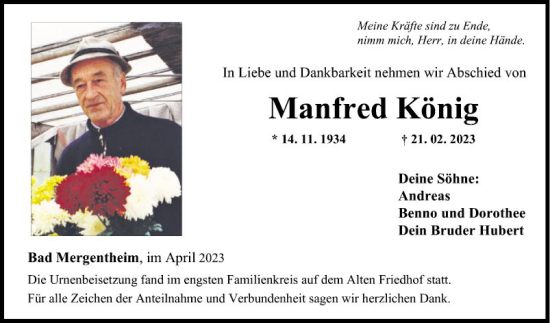 Traueranzeige von Manfred König von Fränkische Nachrichten