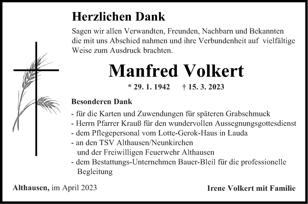  Traueranzeige für Manfred Volkert vom 08.04.2023 aus Fränkische Nachrichten