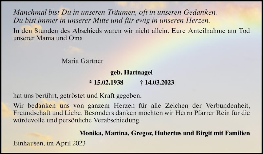  Traueranzeige für Maria Gärtner vom 22.04.2023 aus Bergsträßer Anzeiger