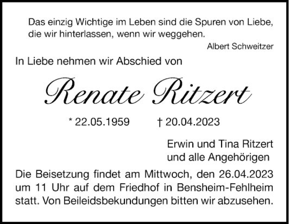  Traueranzeige für Renate Ritzert vom 22.04.2023 aus Bergsträßer Anzeiger
