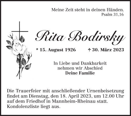 Traueranzeige von Rita Bodirsky von Mannheimer Morgen