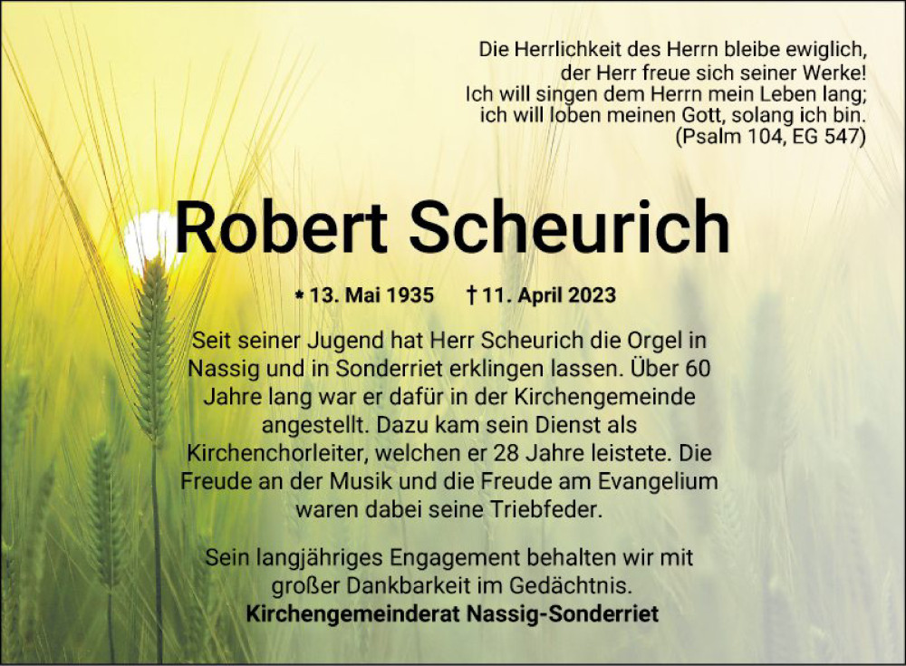  Traueranzeige für Robert Scheurich vom 15.04.2023 aus Fränkische Nachrichten