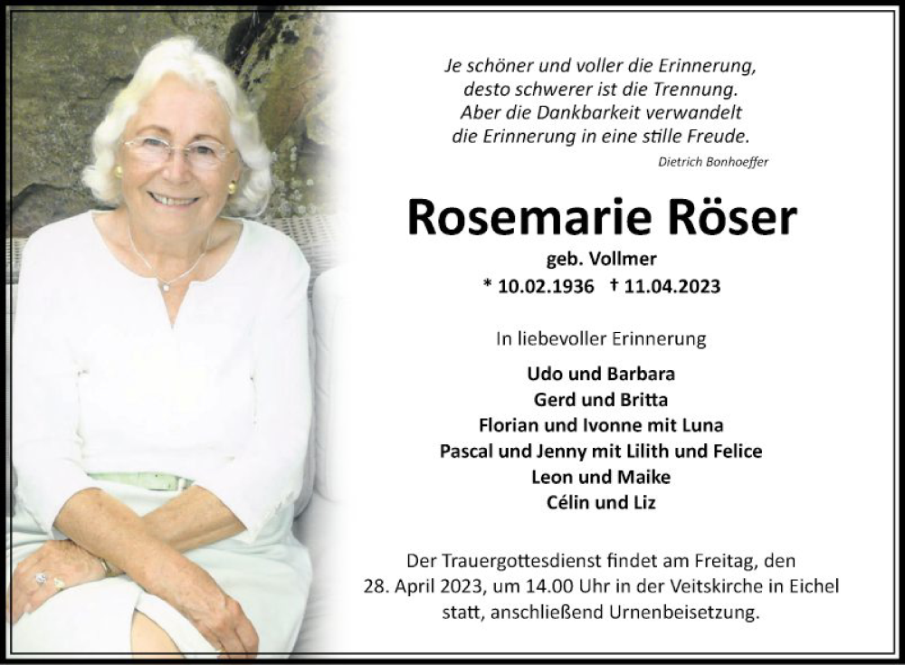  Traueranzeige für Rosemarie Röser vom 22.04.2023 aus Fränkische Nachrichten