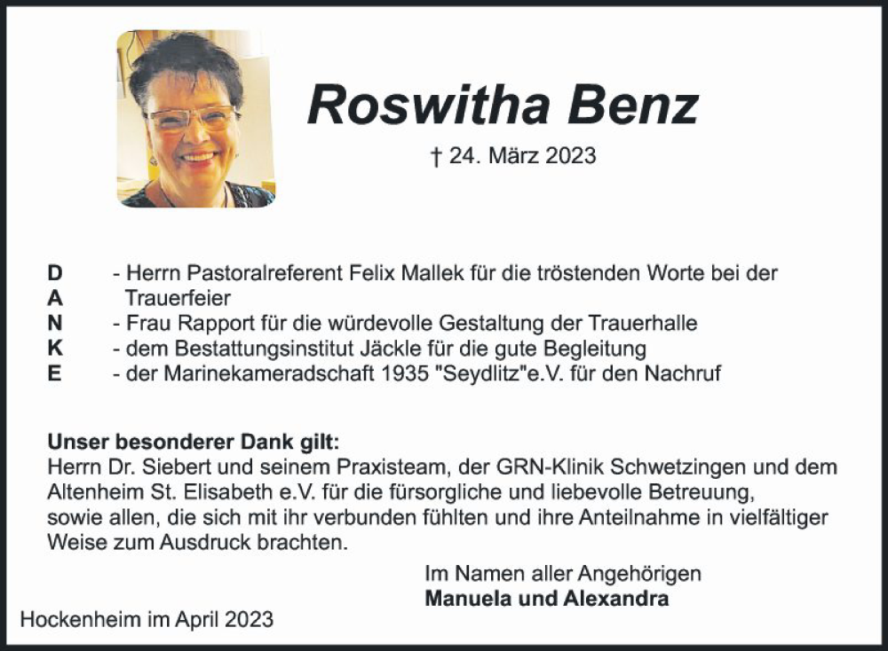  Traueranzeige für Roswitha Benz vom 15.04.2023 aus Schwetzinger Zeitung