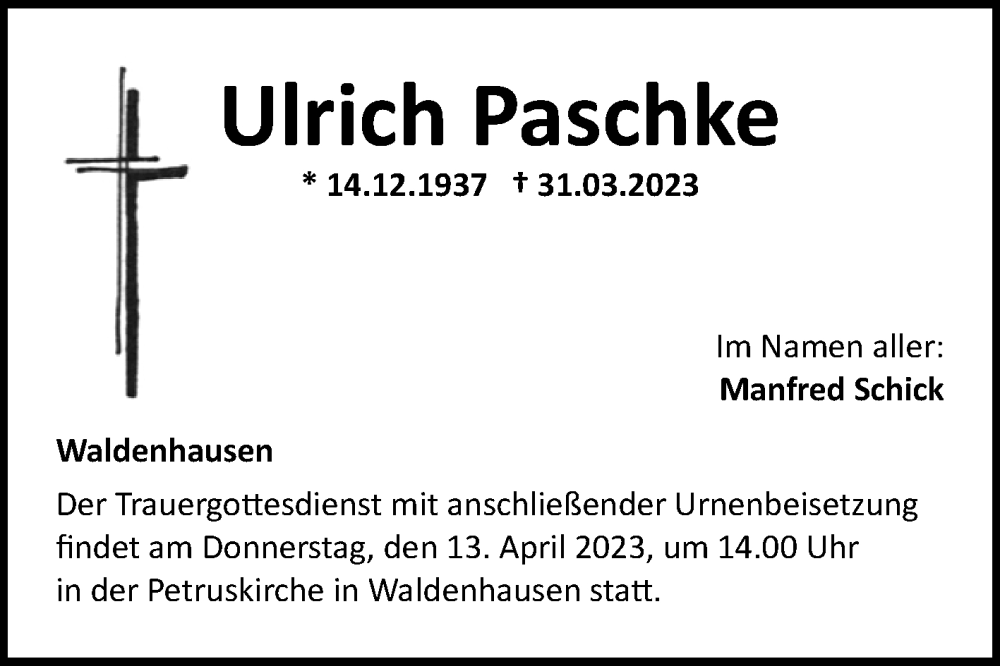  Traueranzeige für Ulrich Paschke vom 08.04.2023 aus Fränkische Nachrichten