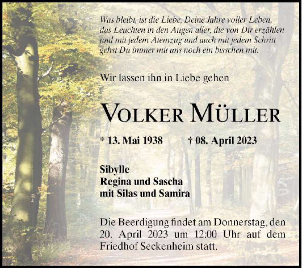  Traueranzeige für Volker Müller vom 15.04.2023 aus Mannheimer Morgen